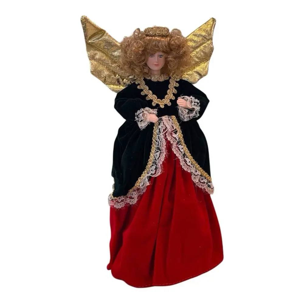 Angel Porcelain Face Hand Table Treetoper 12.5” Christmas Red Green Crush Velvet